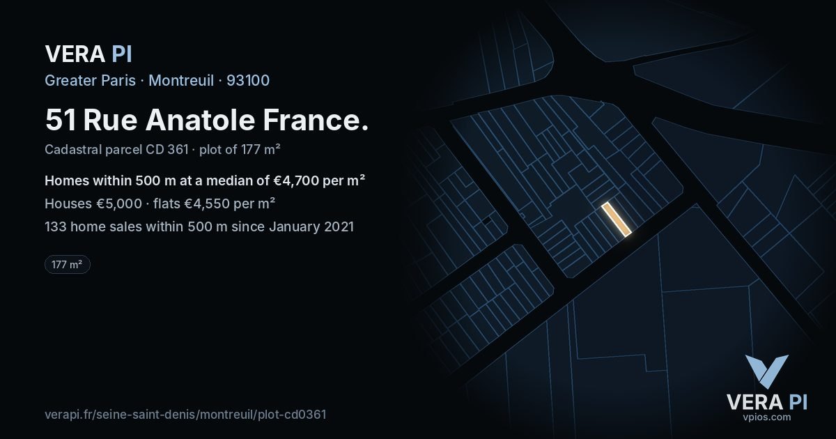 51 Rue Anatole France, Montreuil at night – the plot lit, the parcels around coloured by the prices near them