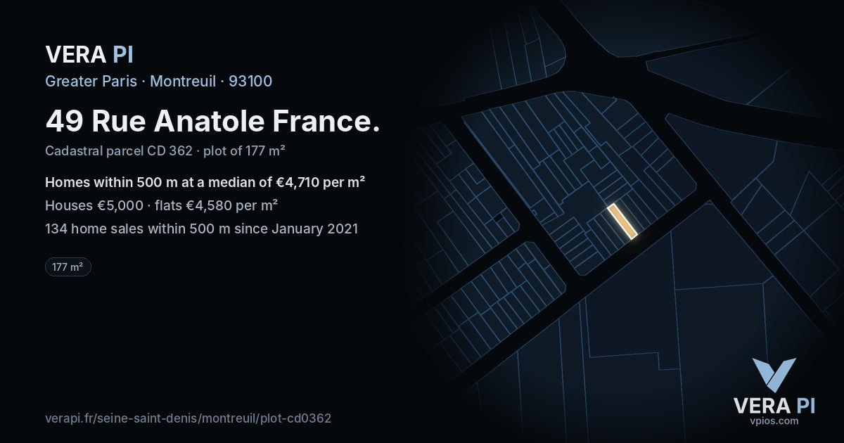 49 Rue Anatole France, Montreuil at night – the plot lit, the parcels around coloured by the prices near them