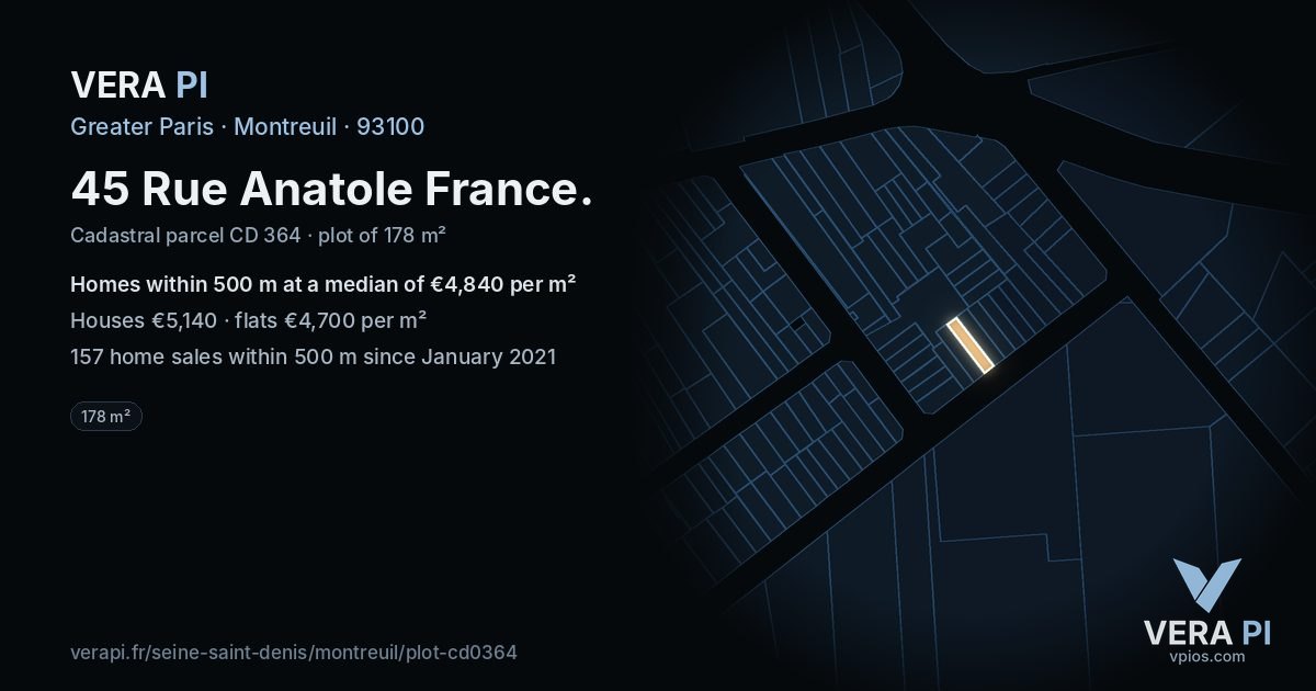 45 Rue Anatole France, Montreuil at night – the plot lit, the parcels around coloured by the prices near them