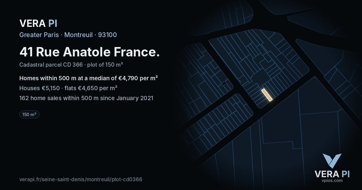 41 Rue Anatole France, Montreuil at night – the plot lit, the parcels around coloured by the prices near them