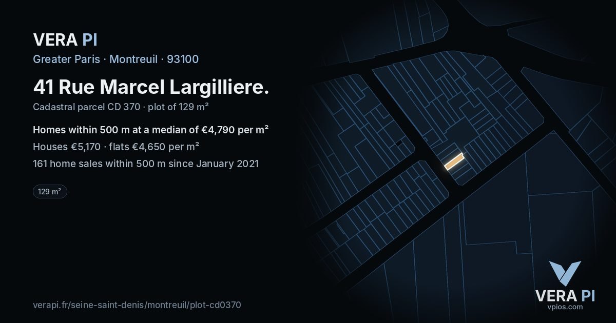 41 Rue Marcel Largilliere, Montreuil at night – the plot lit, the parcels around coloured by the prices near them