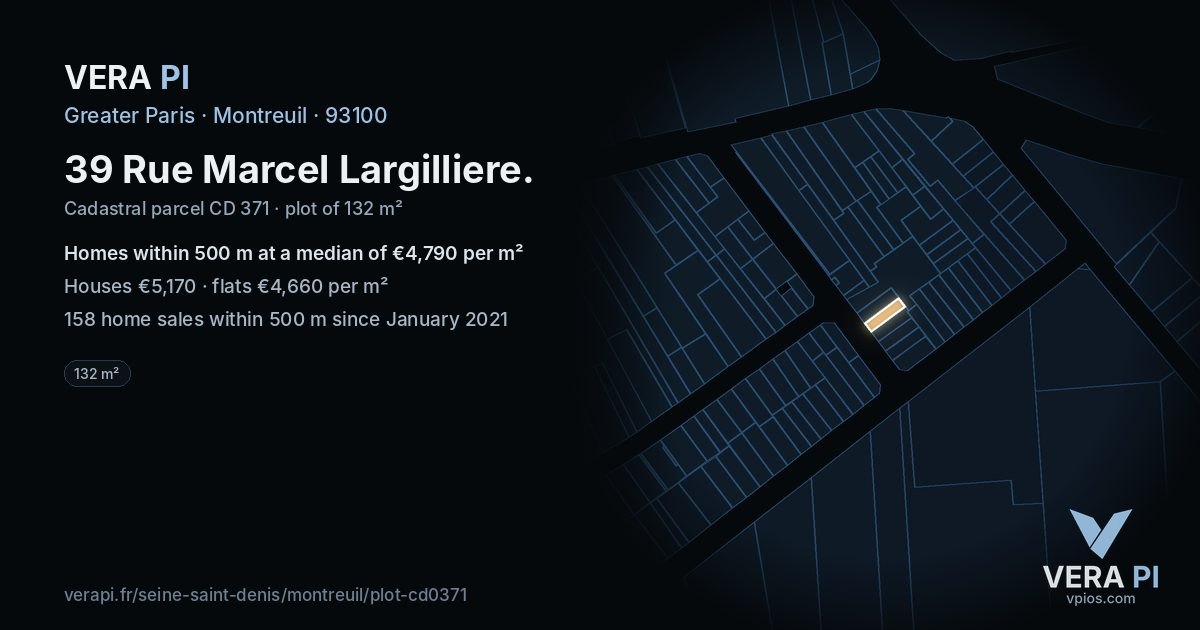 39 Rue Marcel Largilliere, Montreuil at night – the plot lit, the parcels around coloured by the prices near them