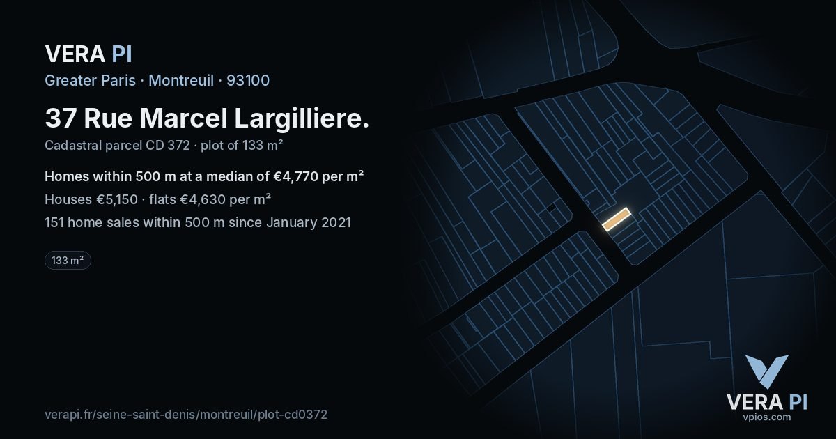 37 Rue Marcel Largilliere, Montreuil at night – the plot lit, the parcels around coloured by the prices near them