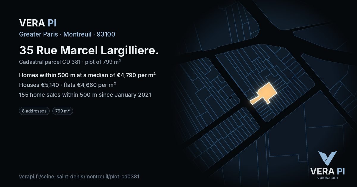 35 Rue Marcel Largilliere, Montreuil at night – the plot lit, the parcels around coloured by the prices near them