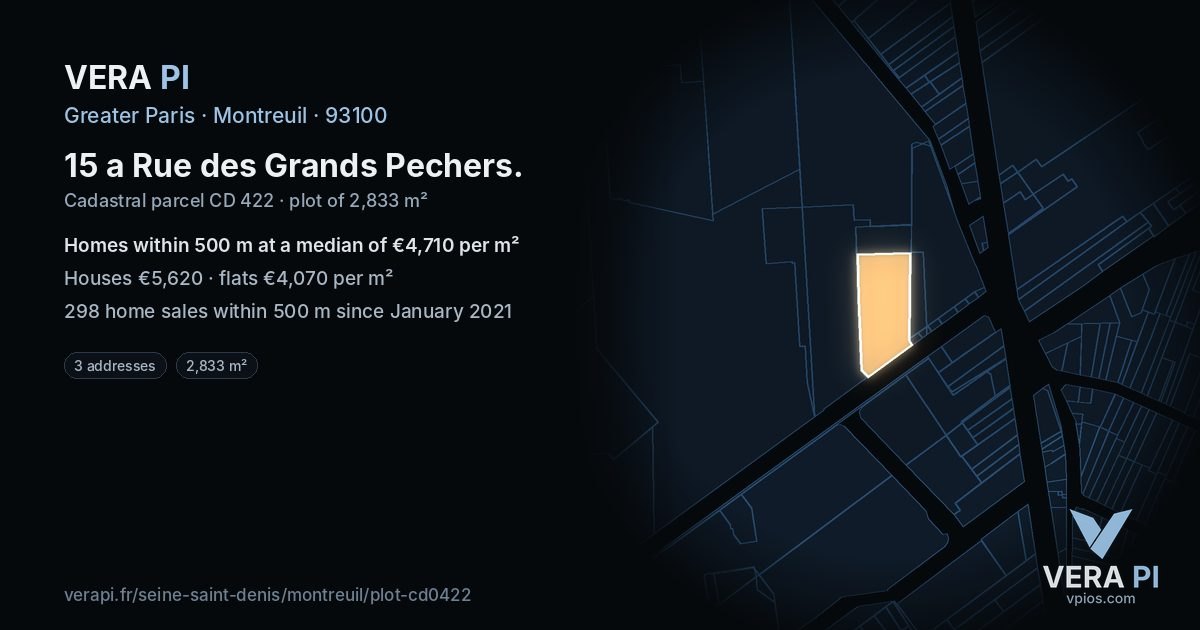 15 a Rue des Grands Pechers, Montreuil at night – the plot lit, the parcels around coloured by the prices near them