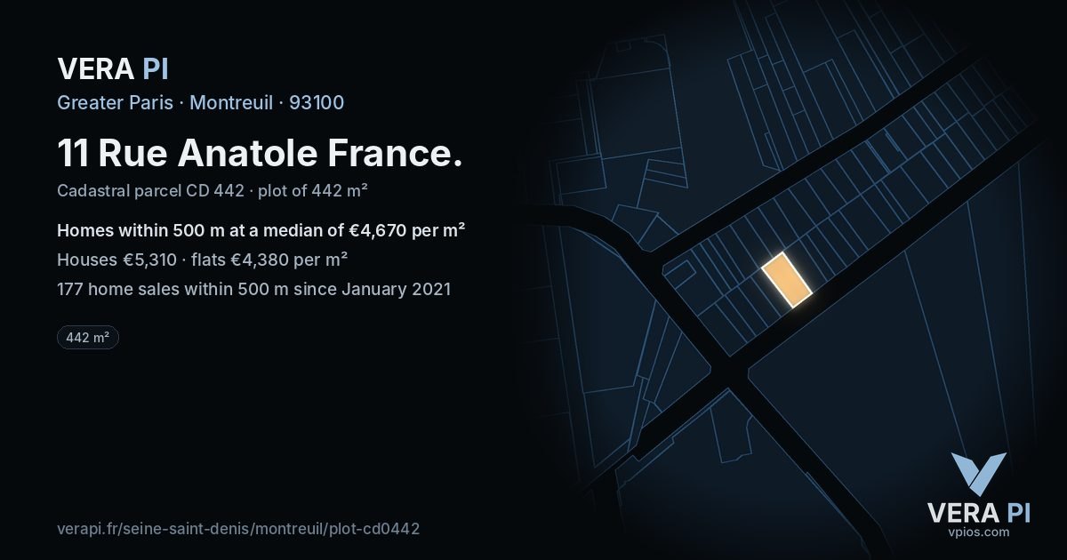 11 Rue Anatole France, Montreuil at night – the plot lit, the parcels around coloured by the prices near them