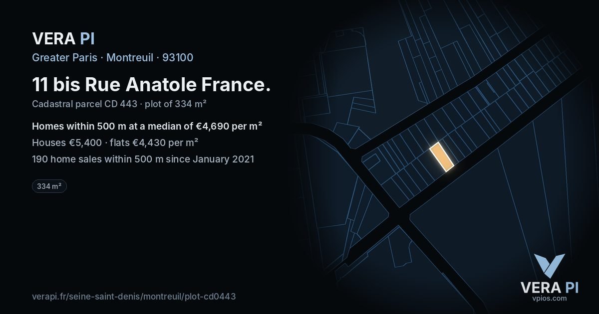 11 bis Rue Anatole France, Montreuil at night – the plot lit, the parcels around coloured by the prices near them