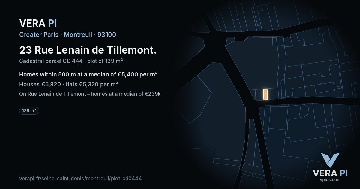 23 Rue Lenain de Tillemont, Montreuil at night – the plot lit, the parcels around coloured by the prices near them