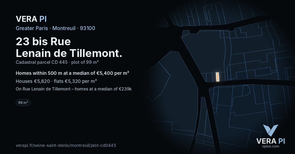 23 bis Rue Lenain de Tillemont, Montreuil at night – the plot lit, the parcels around coloured by the prices near them
