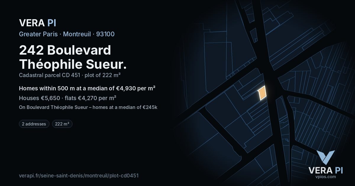 242 Boulevard Théophile Sueur, Montreuil at night – the plot lit, the parcels around coloured by the prices near them