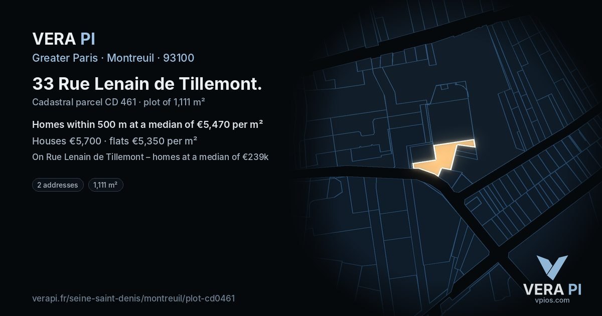 33 Rue Lenain de Tillemont, Montreuil at night – the plot lit, the parcels around coloured by the prices near them