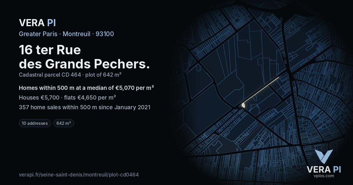 16 ter Rue des Grands Pechers, Montreuil at night – the plot lit, the parcels around coloured by the prices near them