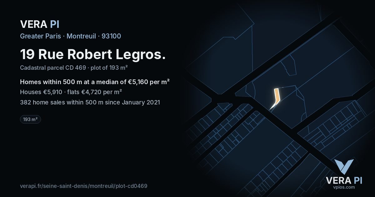 19 Rue Robert Legros, Montreuil at night – the plot lit, the parcels around coloured by the prices near them