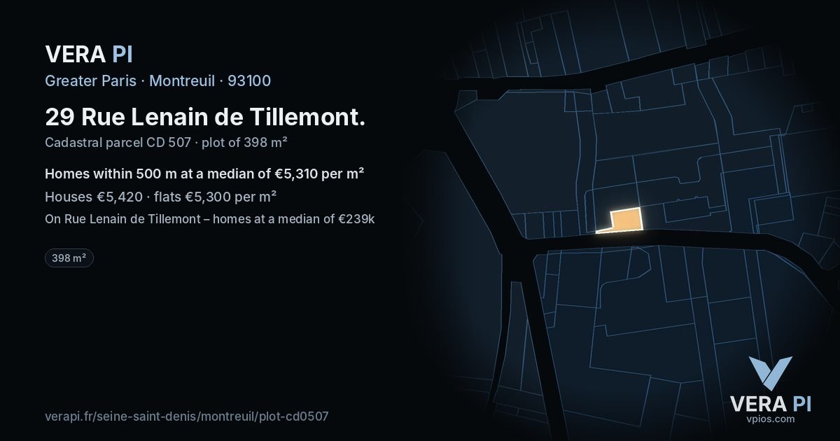 29 Rue Lenain de Tillemont, Montreuil at night – the plot lit, the parcels around coloured by the prices near them