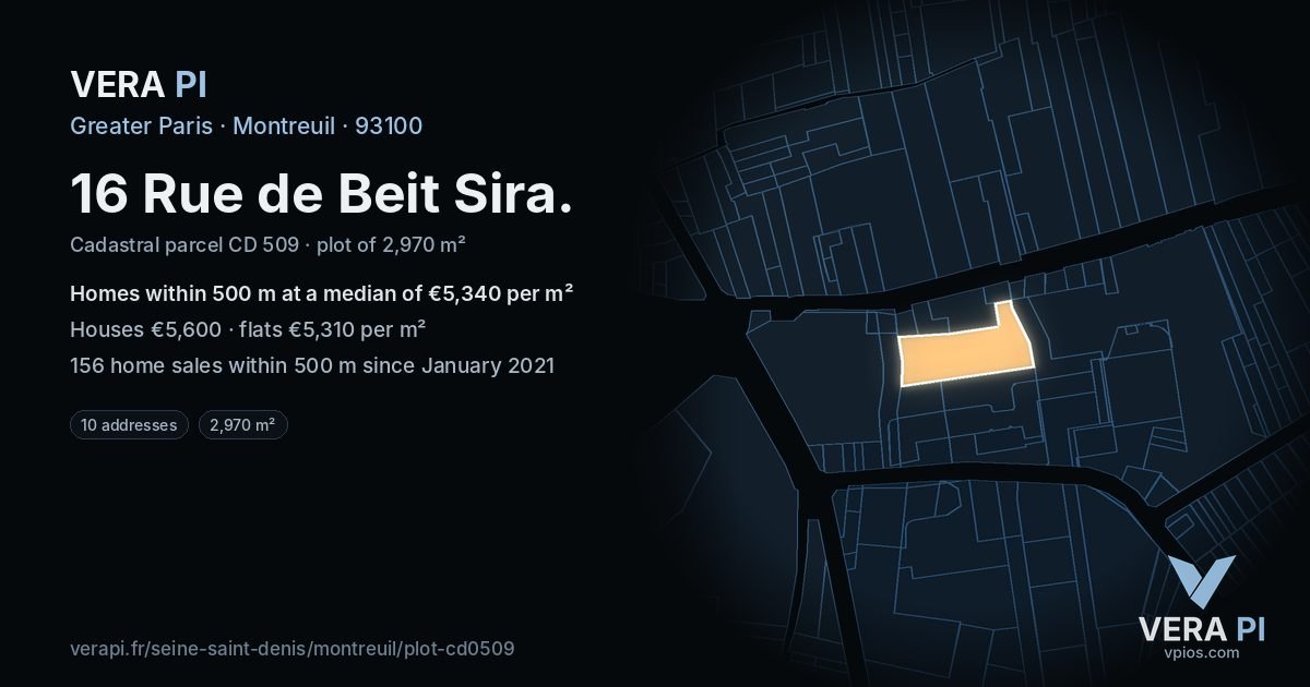 16 Rue de Beit Sira, Montreuil at night – the plot lit, the parcels around coloured by the prices near them