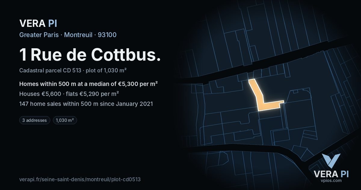 1 Rue de Cottbus, Montreuil at night – the plot lit, the parcels around coloured by the prices near them