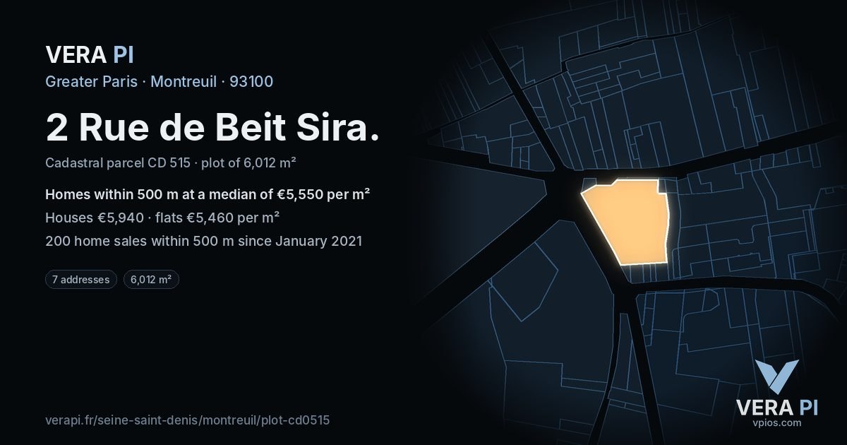 2 Rue de Beit Sira, Montreuil at night – the plot lit, the parcels around coloured by the prices near them