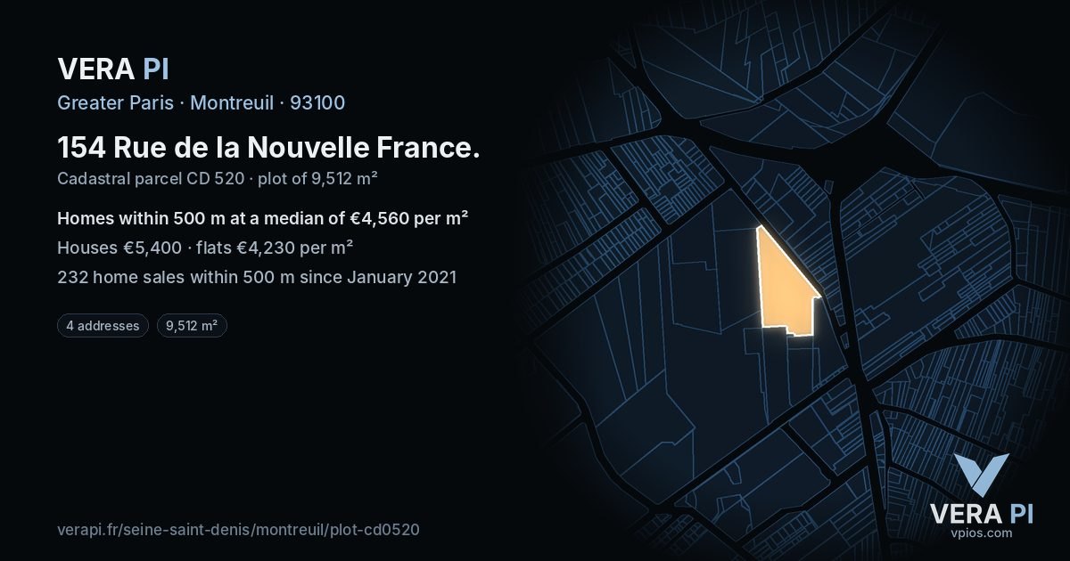 154 Rue de la Nouvelle France, Montreuil at night – the plot lit, the parcels around coloured by the prices near them