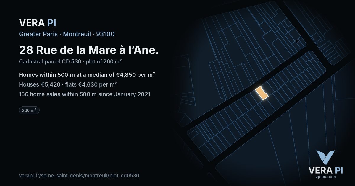 28 Rue de la Mare à l’Ane, Montreuil at night – the plot lit, the parcels around coloured by the prices near them