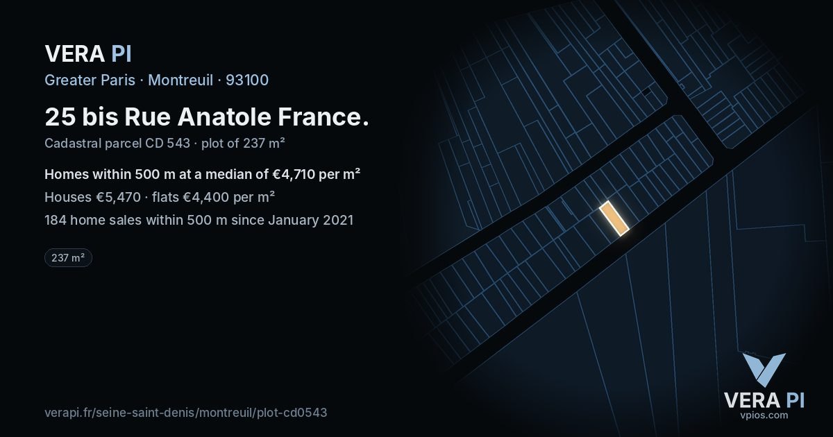 25 bis Rue Anatole France, Montreuil at night – the plot lit, the parcels around coloured by the prices near them