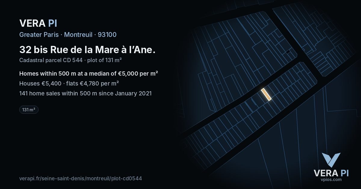 32 bis Rue de la Mare à l’Ane, Montreuil at night – the plot lit, the parcels around coloured by the prices near them