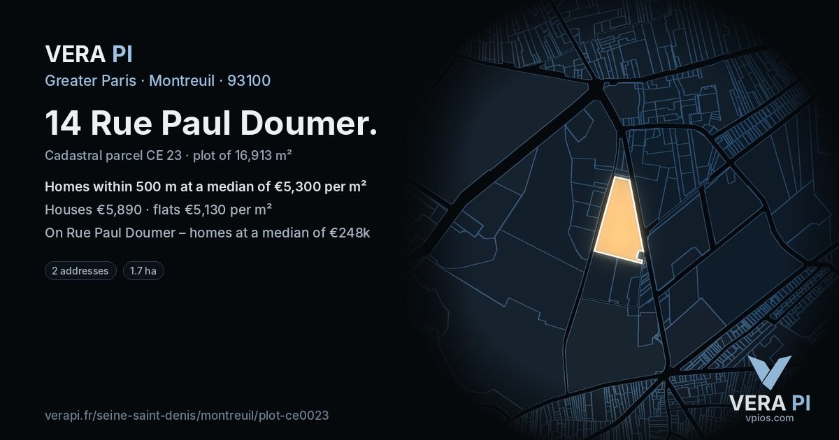 14 Rue Paul Doumer, Montreuil at night – the plot lit, the parcels around coloured by the prices near them