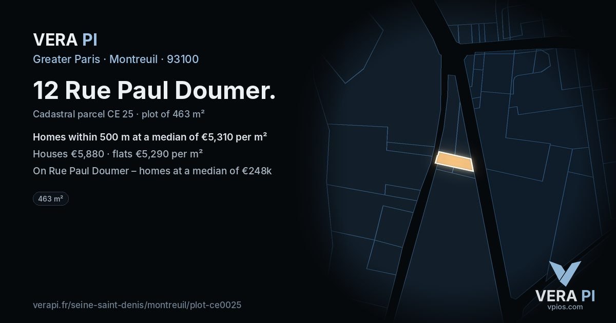 12 Rue Paul Doumer, Montreuil at night – the plot lit, the parcels around coloured by the prices near them