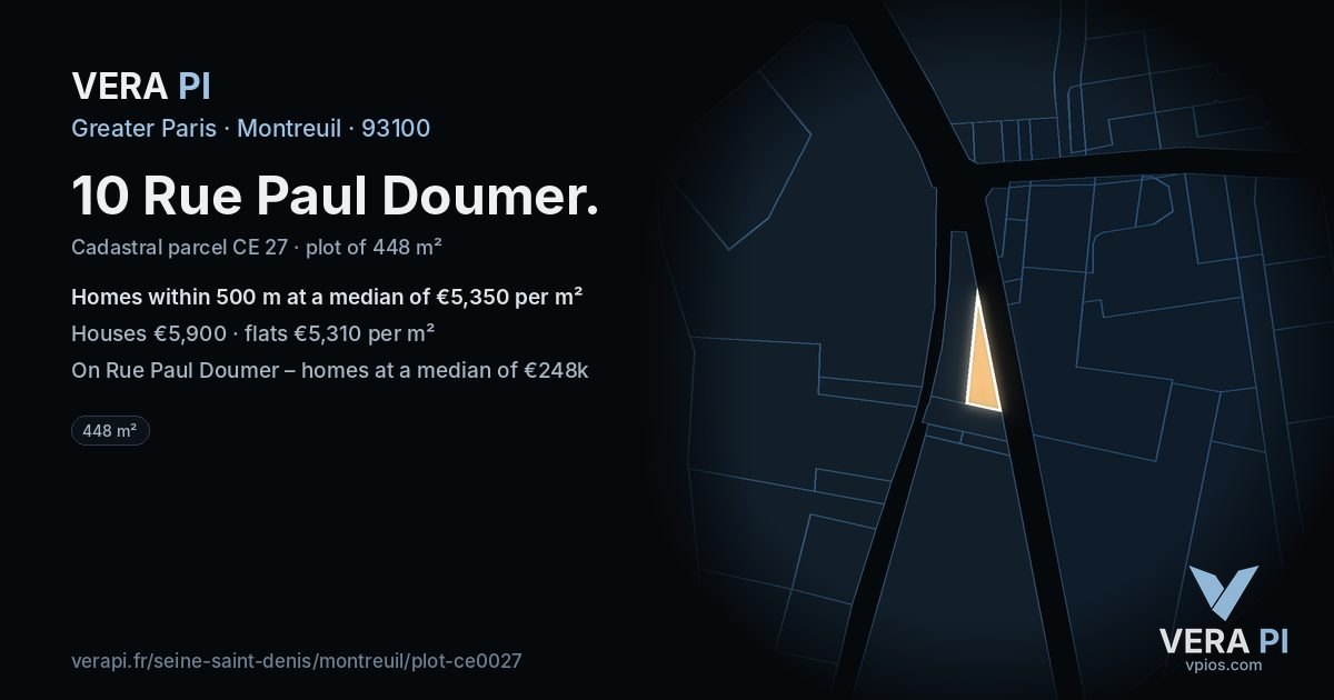10 Rue Paul Doumer, Montreuil at night – the plot lit, the parcels around coloured by the prices near them