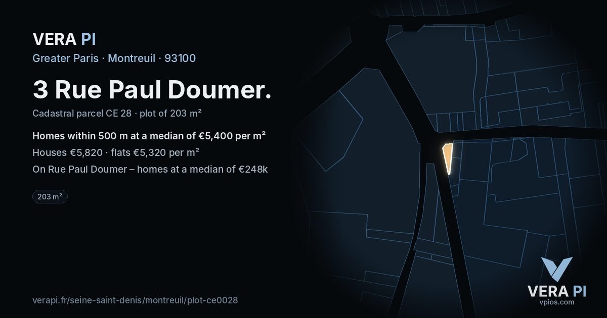 3 Rue Paul Doumer, Montreuil at night – the plot lit, the parcels around coloured by the prices near them