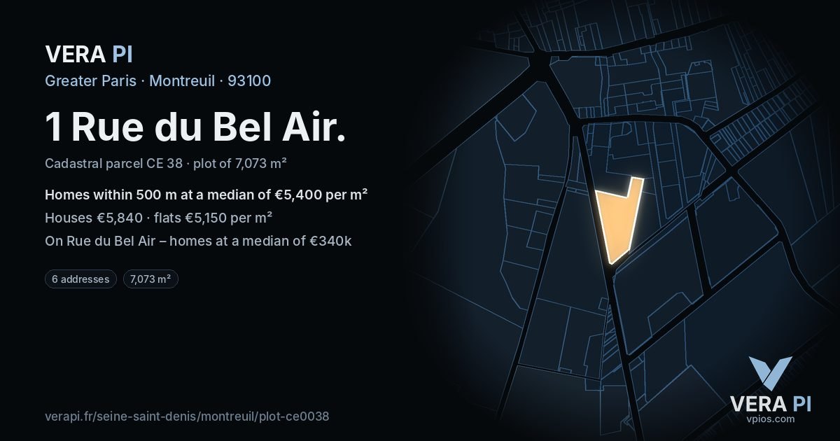 1 Rue du Bel Air, Montreuil at night – the plot lit, the parcels around coloured by the prices near them