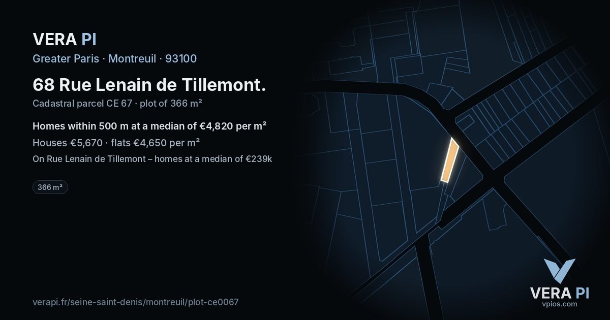 68 Rue Lenain de Tillemont, Montreuil at night – the plot lit, the parcels around coloured by the prices near them