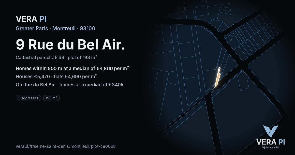 9 Rue du Bel Air, Montreuil at night – the plot lit, the parcels around coloured by the prices near them