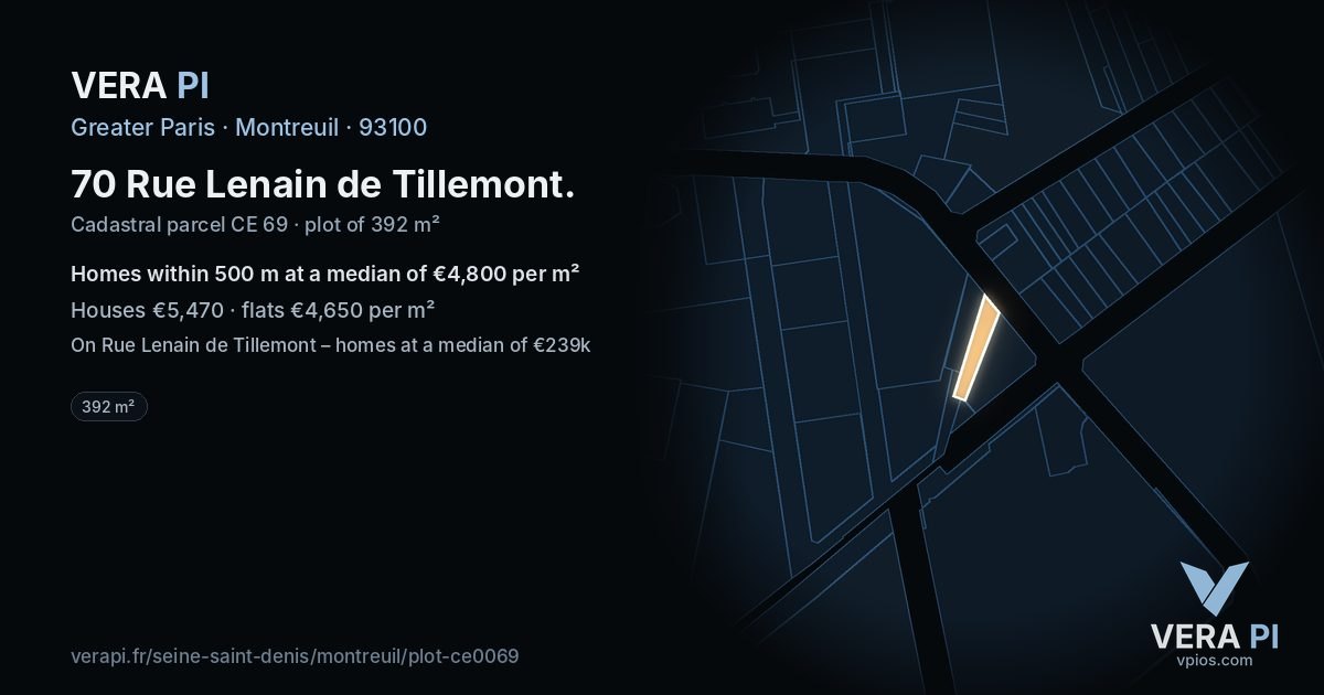 70 Rue Lenain de Tillemont, Montreuil at night – the plot lit, the parcels around coloured by the prices near them