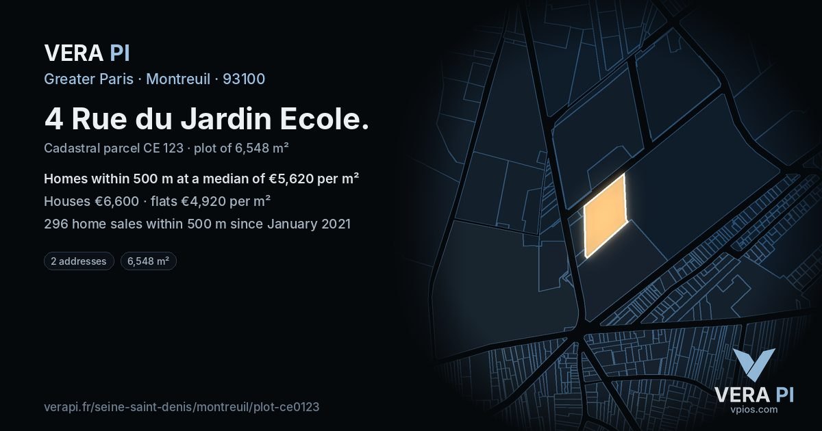 4 Rue du Jardin Ecole, Montreuil at night – the plot lit, the parcels around coloured by the prices near them