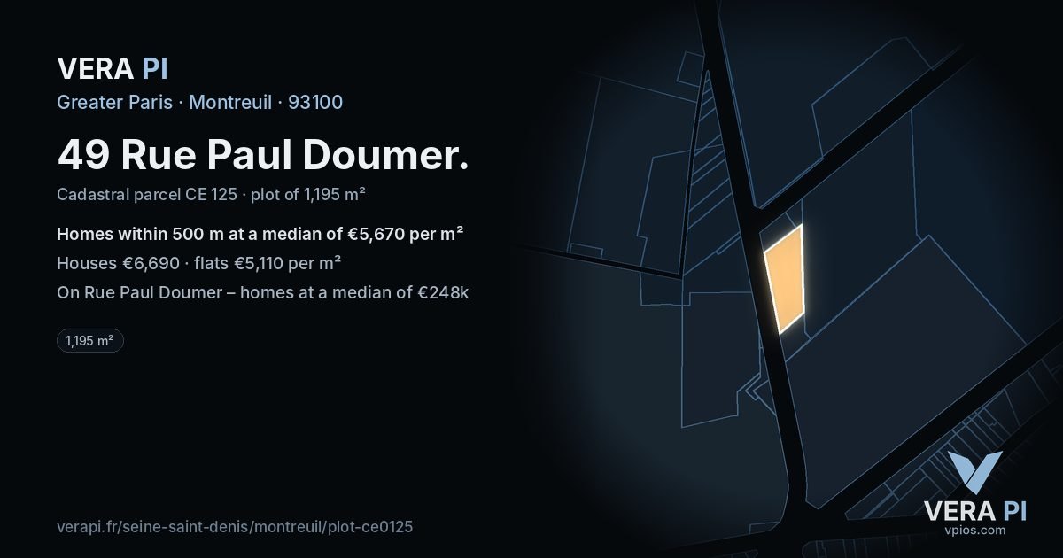 49 Rue Paul Doumer, Montreuil at night – the plot lit, the parcels around coloured by the prices near them
