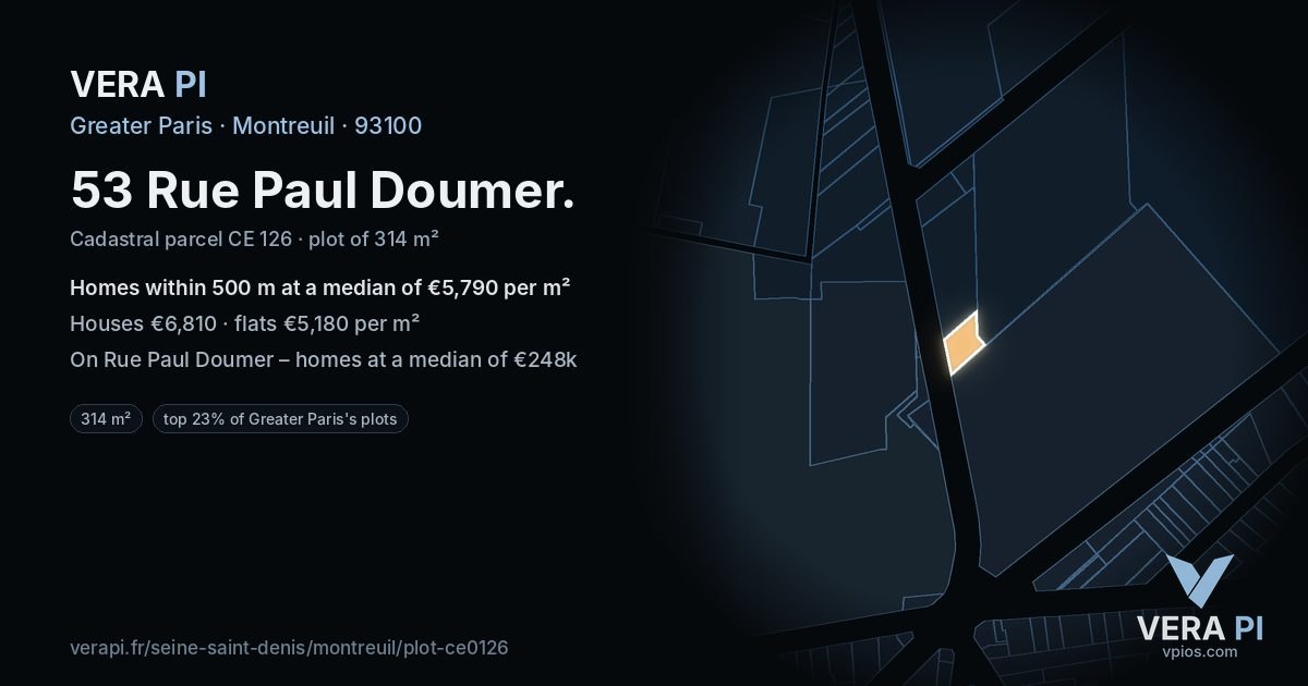 53 Rue Paul Doumer, Montreuil at night – the plot lit, the parcels around coloured by the prices near them