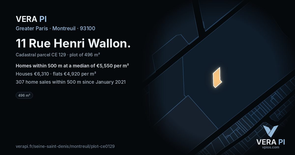 11 Rue Henri Wallon, Montreuil at night – the plot lit, the parcels around coloured by the prices near them