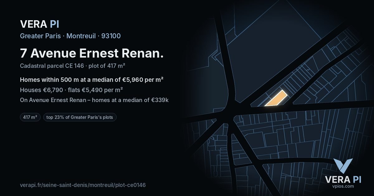 7 Avenue Ernest Renan, Montreuil at night – the plot lit, the parcels around coloured by the prices near them