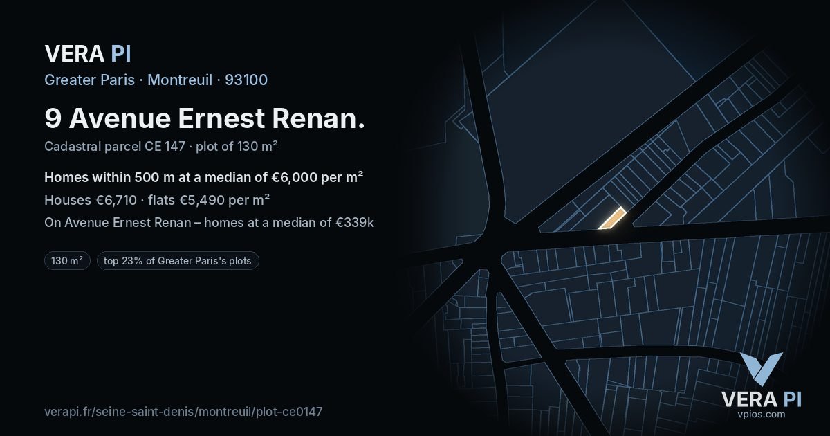 9 Avenue Ernest Renan, Montreuil at night – the plot lit, the parcels around coloured by the prices near them