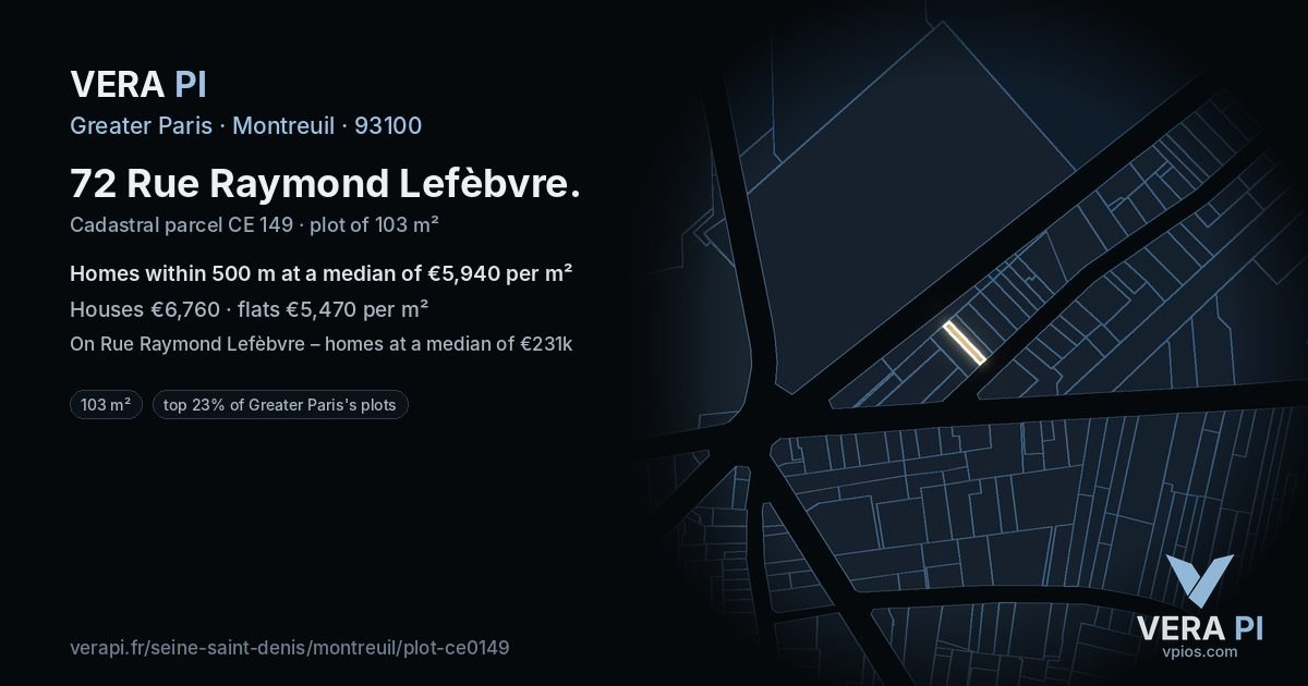 72 Rue Raymond Lefèbvre, Montreuil at night – the plot lit, the parcels around coloured by the prices near them