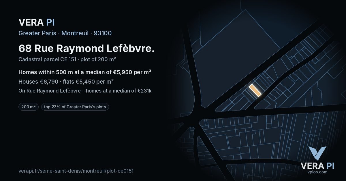 68 Rue Raymond Lefèbvre, Montreuil at night – the plot lit, the parcels around coloured by the prices near them