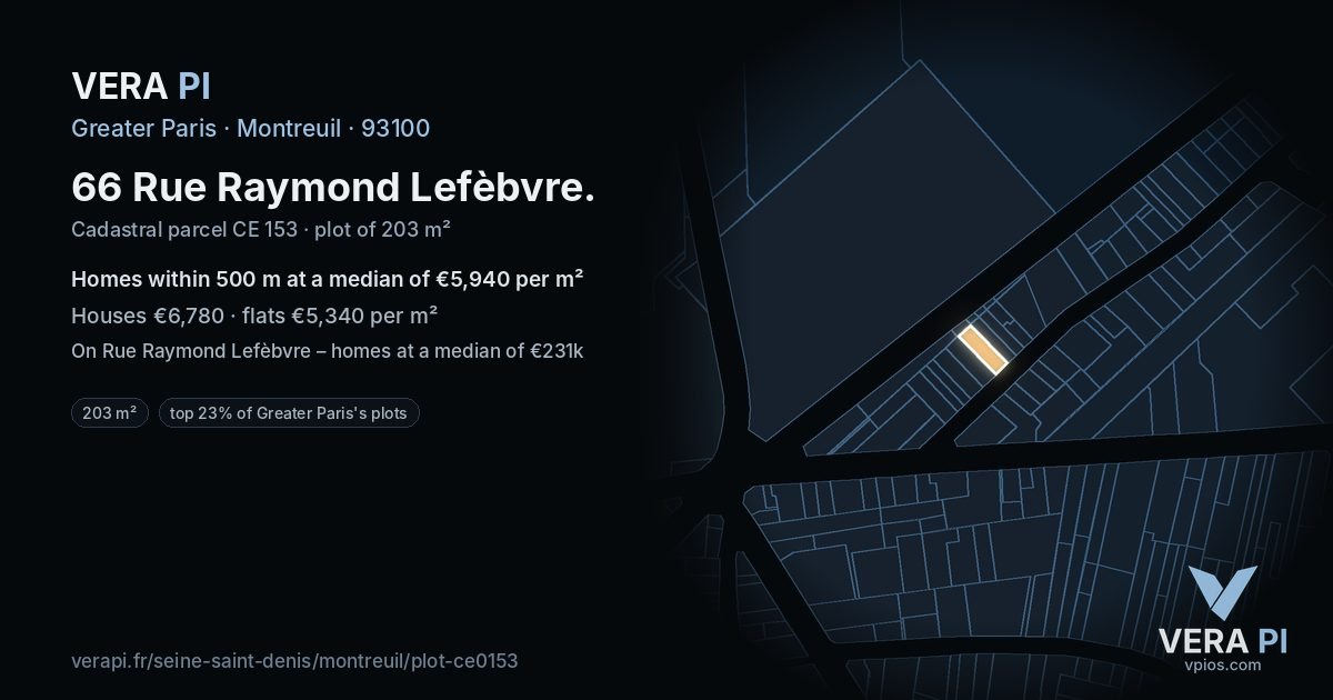 66 Rue Raymond Lefèbvre, Montreuil at night – the plot lit, the parcels around coloured by the prices near them