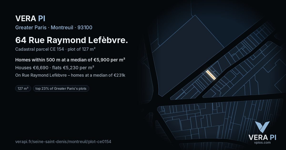 64 Rue Raymond Lefèbvre, Montreuil at night – the plot lit, the parcels around coloured by the prices near them