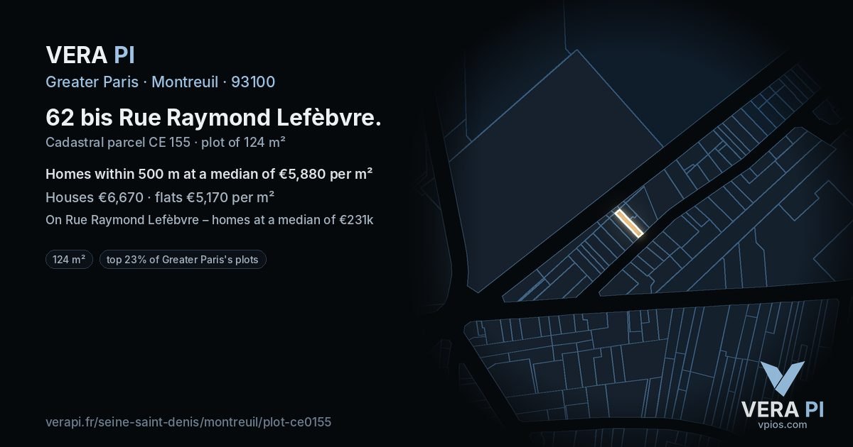 62 bis Rue Raymond Lefèbvre, Montreuil at night – the plot lit, the parcels around coloured by the prices near them