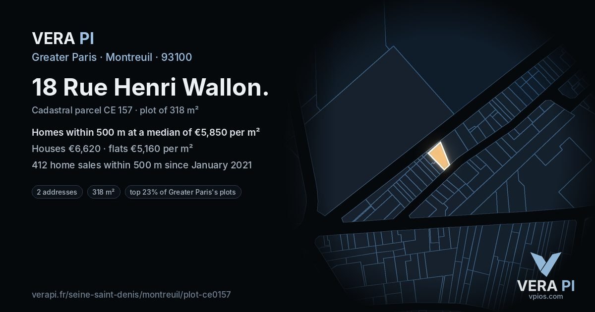 18 Rue Henri Wallon, Montreuil at night – the plot lit, the parcels around coloured by the prices near them