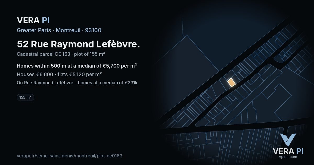 52 Rue Raymond Lefèbvre, Montreuil at night – the plot lit, the parcels around coloured by the prices near them