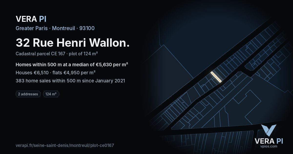 32 Rue Henri Wallon, Montreuil at night – the plot lit, the parcels around coloured by the prices near them