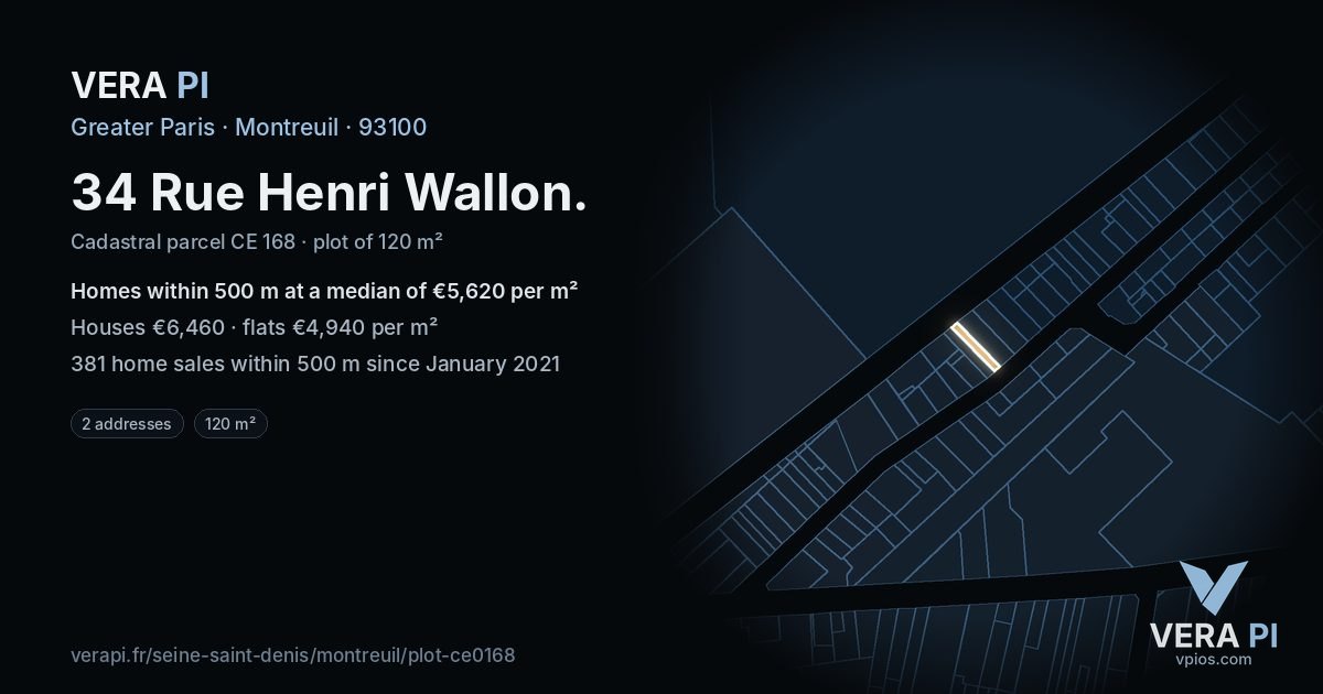 34 Rue Henri Wallon, Montreuil at night – the plot lit, the parcels around coloured by the prices near them