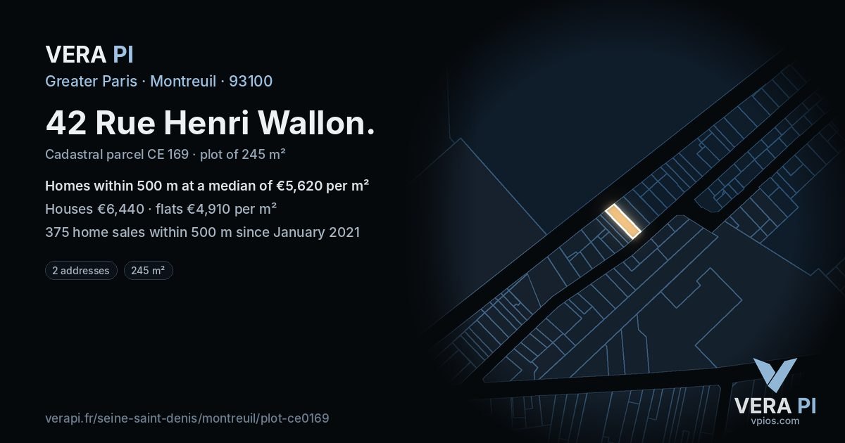 42 Rue Henri Wallon, Montreuil at night – the plot lit, the parcels around coloured by the prices near them