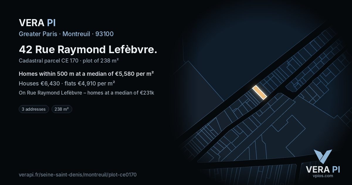 42 Rue Raymond Lefèbvre, Montreuil at night – the plot lit, the parcels around coloured by the prices near them